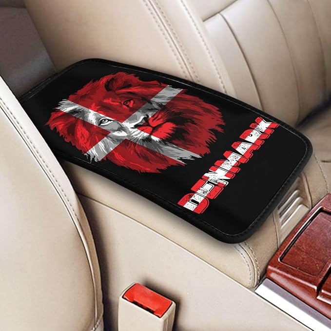 Vintage Denmark Danish Flag Lion Head Auto Center Console Armrest Cover Car Handrail Box Cushion Pad Mat Universal Fit Most Vehicle Sedan Truck SUV Soft Comfort Decor Accessories