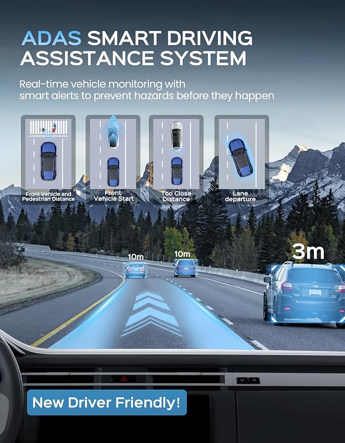 TECXERLLON 4K Dash Cam Front and Rear with ADAS Assist, Free 128GB Card Included, Built-in GPS & 5G WiFi, G-Sensor, Dash Camera with No-Light Night Vision,170°/150° Wide View, 24H Parking Mode