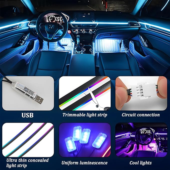 Car Interior Ambient LED Light with APP & Remote Control, 43.3" Music Mode Fiber Optic USB Powered Acrylic Atmosphere Lamp Strip, Flexible RGB Auto Inside Neon Light Kit, Universal Fit