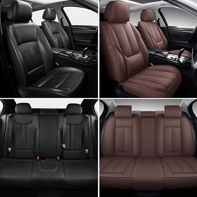 Car Seat Covers Full Set, Car Seat Cover Lumbar Support, Car Seat Protector Waterproof, Nappa Leather Car Seat Cushion, Front Seats and Back Fit for Most Cars Brown