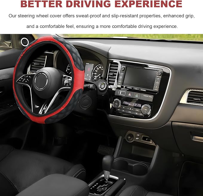 Car Steering Wheel Cover, 15 Inch Elastic Comfortable Auto Steering Wheel Protector, Anti-Slip Leather Wheel Cover Fashionable Interior Accessories for Most Cars Trucks SUVs (Black & Red)