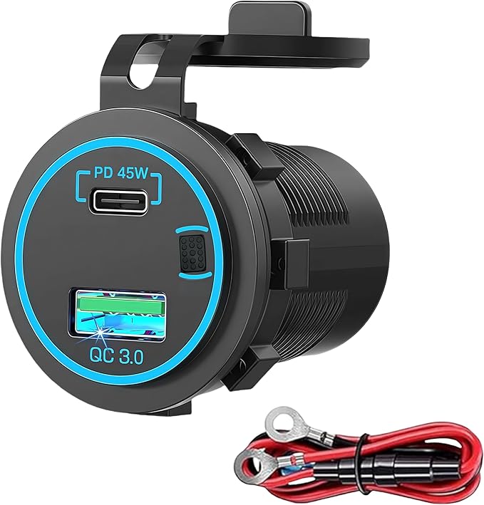 45W PD & 18W QC3.0 USB Laptop Car Charger Power Socket, Marine Type-C/USB C Port Fast Charging Adapter, 12V USB Power Outlet with ON/Off Switch Button Waterproof Cover for Boat RV Truck Golf (Blue)