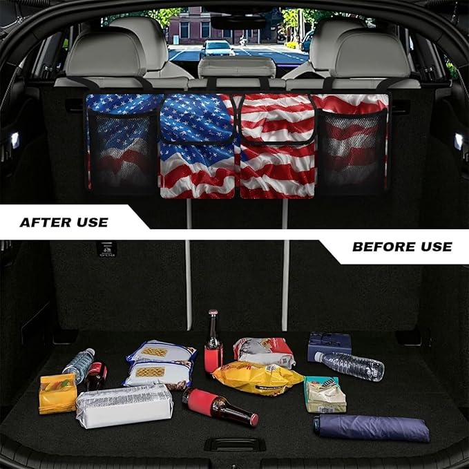3D American Flag Trunk Organizer Trunk with Lid Hanging Storage Bag Patriotic Design Suv Car Back Seat Organizer,Car Storage Accessories