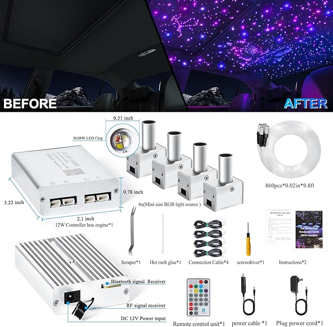 Split 4 Colors 12W Car Starlight Headliner Kit 860pcs*0.02in*9.8ft with APP&RF Remote,RGBW Fiber Optic Strands Star Roof Lights,4 Port Engine Sound Activated Star Ceiling Lights for Car/Home Decor