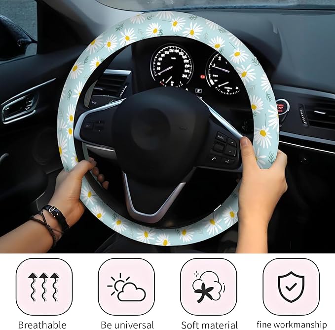Car Steering Wheel Cover, Universal 15 Inch Neoprene Non-Slip Steering Wheel Covers, Funny Car Accessories for Women Men Fit Auto, Suvs, Truck Sweet Daisy Flowers