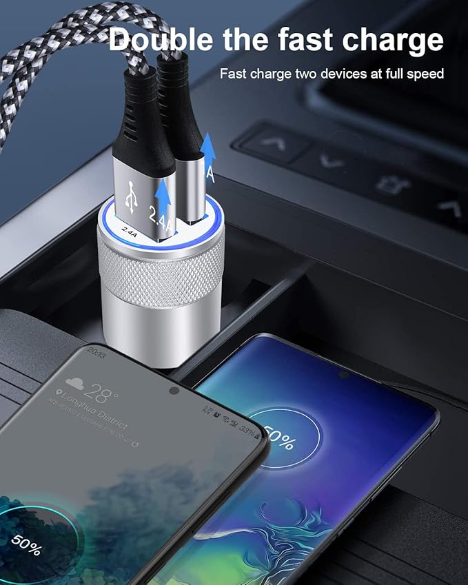 Car Charger, AILKIN 3.4a Portable Dual Port USB Cargador Carro Fit Lighter Spot Socket Adapter for iPhone 17 16E 16 15 14 13 Pro Max Plus, iPad, Tablet, Samsung Galaxy S25 Ultra Cigarette Auto Charger