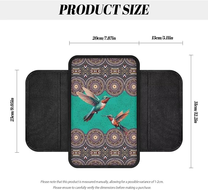 Bohemia Mandala Hummingbird Print Center Console Covers for Cars Stretchy Car Armrest Cushion Washable Automobile Armrest Covers Car Accessories Interior Protection