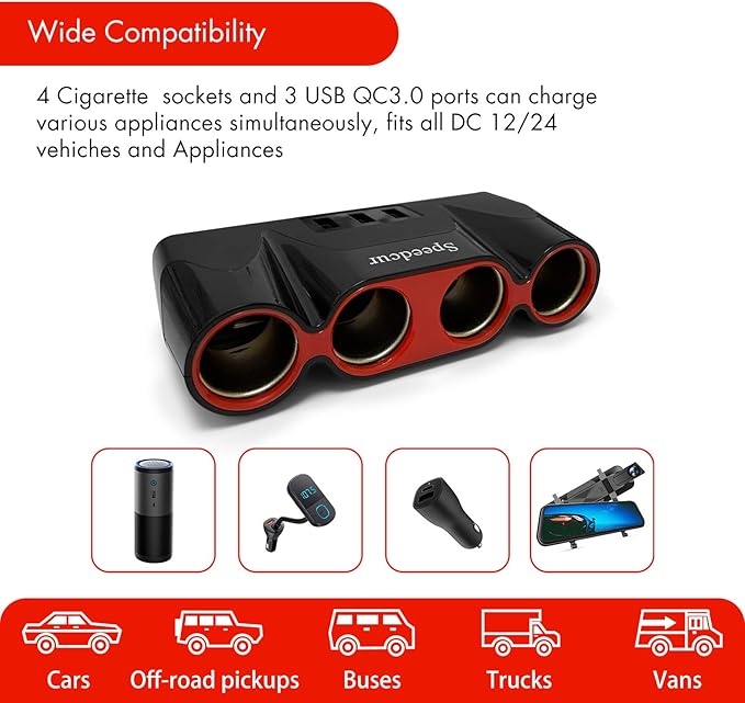 USB Car Charger Splitter Adapter, 120W 12V/24V 4-Socket Cigarette Lighter Adapter with 3pcs USB QC3.0 Car Charger Socket Quick Charge for GPS, Dash Cam, Sat Nav, Phone, iPad
