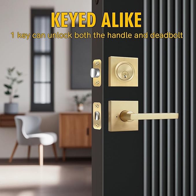 Gold Heavy Duty Privacy Lever Door Handle and Single Cylinder Deadbolt Lock and Key Combo Pack - Locking Lever Set for Left or Right-Handed Doors - Exterior Door Levers - Satin Brass,2pack