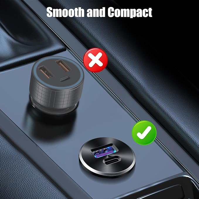 Mini 12V USB Outlet Aluminum Car Charger with PD30W and QC 18W Ports, 22mm Diameter Flush-Mounted Pre-Wired Cigarette Lighter Replacement Charger Socket for Car Boat RV Truck Motorcycle, etc.