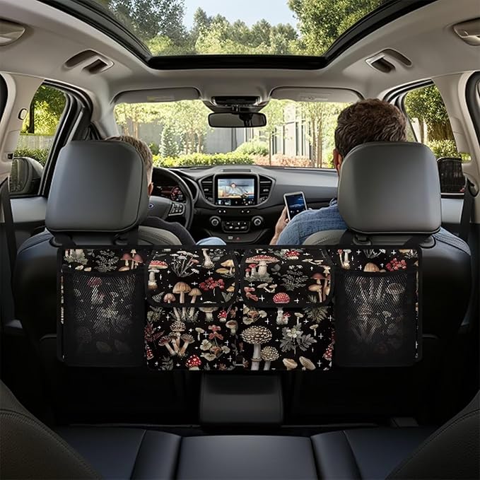 Mushroom Print Car Trunk Organizer, Backseat Hanging Large Storage with Adjustable Straps & 4 Pockets, Waterproof Foldable Cargo Bag, Car Interior Accessories
