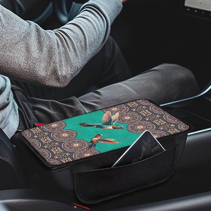 Bohemia Mandala Hummingbird Print Center Console Covers for Cars Stretchy Car Armrest Cushion Washable Automobile Armrest Covers Car Accessories Interior Protection