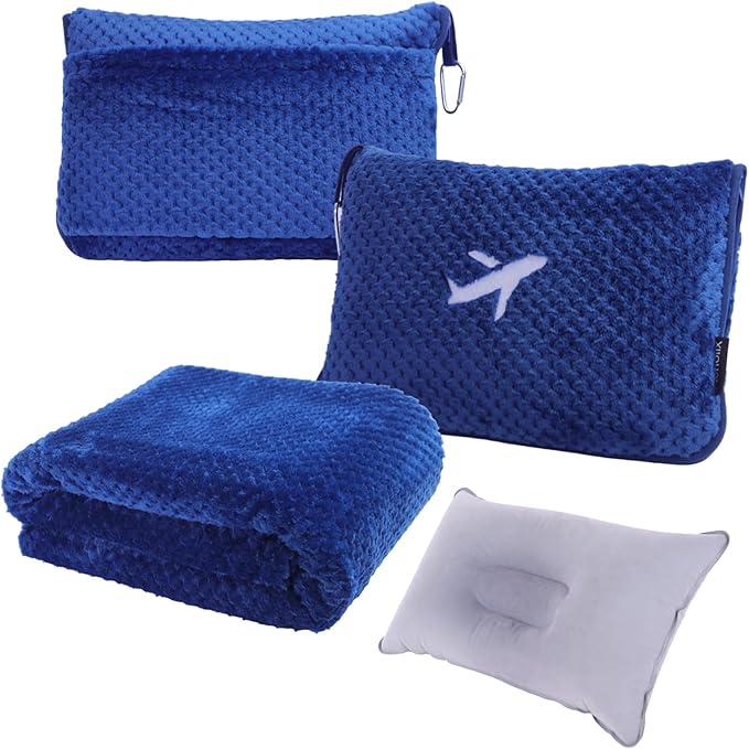3 in 1 Travel Blanket Pillow Set - 350 GSM Thick Travel Blanket Airplane Compact with Bag, Soft Bag with a Pocket, Inflatable Travel Pillow for Camping & Car Trip (Royal Blue)