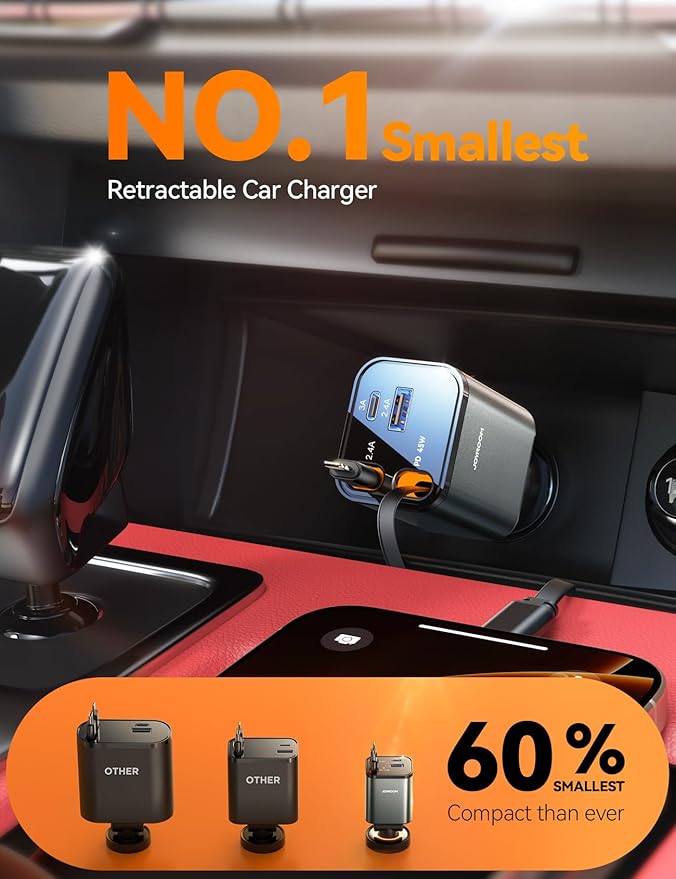 [2026 Ultra-Compact] JOYROOM Retractable Car Charger 84W Car Charger USB C for iPhone 16 17 Fast Charging, Car Accessories, Car Adapter Travel Essentials Gifts for Women Men, for iPhone 17 16 15 14 13