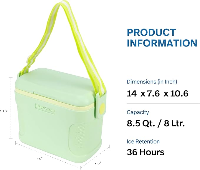Pinnacle 8.5Qt Mini Cooler – 14 x 7.6 x 10.6In Ice Box with Smart Divider, Locking Lid, Adjustable Shoulder Strap – Insulated Picnic Basket Beach Cooler Bag – 36- Hour Ice Retention – Stylish Colors