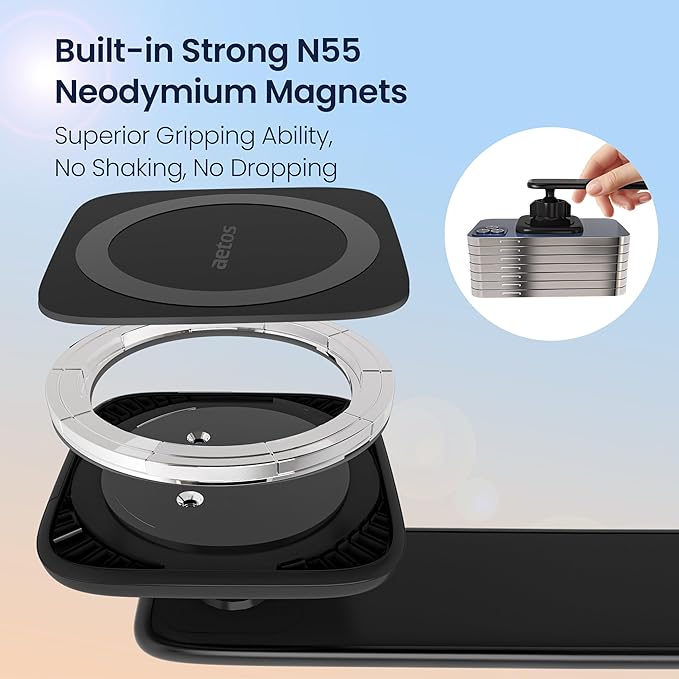 aetos for iPhone MagSafe Car Mount Phone Holder Fits iPhone 17/16/15/14/13/12 Pro/Plus/Max and Android Phones with Ring Adaptor. 360° Rotating Head & Bendable Alloy Arm for a Simplicity Modern Design