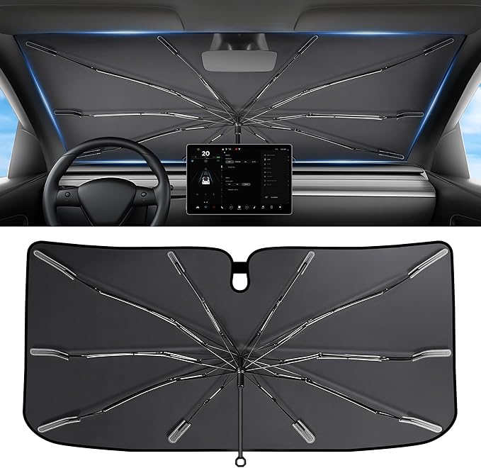 2026 Upgraded Windshield Sun Shade Umbrella [7-Layer Vinyl Coating Heat Shield] Foldable Front Window Sunshade Umbrella Flexible Handle Protect Interior from UV Keep Car Cooler (61" x 34.5")