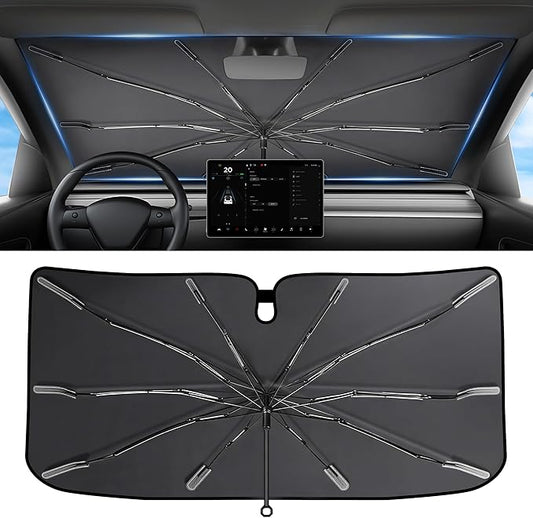 2026 Upgraded Windshield Sun Shade Umbrella [7-Layer Vinyl Coating Heat Shield] Foldable Front Window Sunshade Umbrella Flexible Handle Protect Interior from UV Keep Car Cooler (61" x 34.5")
