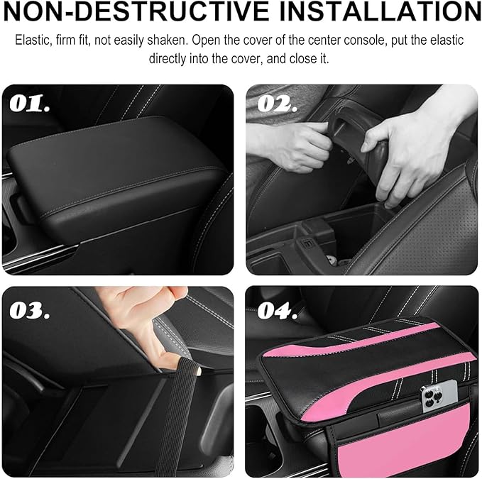 NBTEPEM Pink Center Console Cover, Sporty Leather Armrest Cover Cushion with 2 Storage Pockets, Universal Auto Middle Console Protector, Car Interior Accessories for Most SUV, Truck, Sedan Vehicles