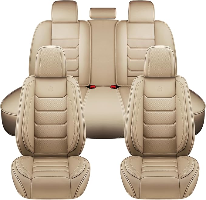 Full Coverage Faux Leather Car Seat Covers Full Set,Automotive Seat Covers for Cars,SUVs Pick-up Truck, Car Seat Cushion, Beige Seat Covers for 5 Seats,Car Seat Protector