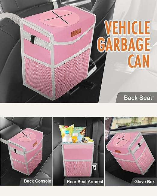 Pritent Car Trash Can with Lid, Cute Leakproof Car Trash Garbage Bag Hanging Vehicle Trash Bin Small Portable Automotive Garbage Cans Organizer for Back/Front Seat(Trapezoid,Pink
