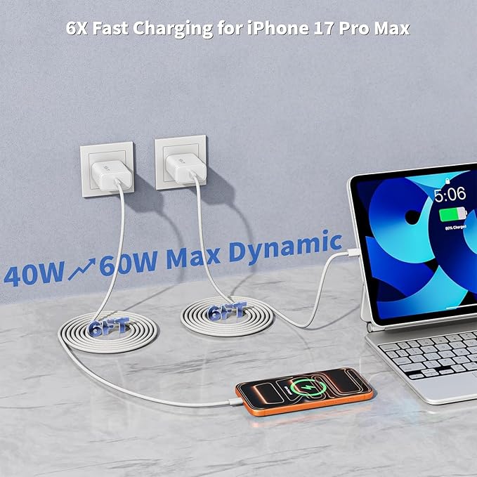 Charge for iPhone 17/16/15 Charger, 2Pack 40W-60W Dynamic Type C Wall Charger Adapter USB C Charger Block 6FT USB-C to C Woven Braid Cable for Apple iPhone 17 Pro Max/iPhone 16 Plus, iPad Pro/Air/Mini