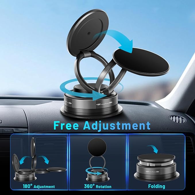 Magnetic Phone Holder for Car 360° Adjustable & Foldable Car Phone Holder Compatible MagSafe Hands-Free Suction Cup Phone Mount for iPhone & Android & All Vehicle/Car/Gym/Mirror