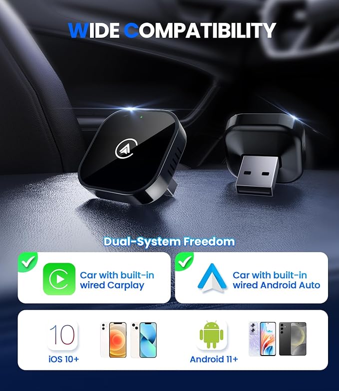 Teeran 2 in 1 Wireless CarPlay and Android Auto Adapter, Easy Setup Plug and Play, Fast Seamless Use Supports 1000+ Cars with Built-in Wired Car Play/Android Auto Compact Sleek Design Car Adapter
