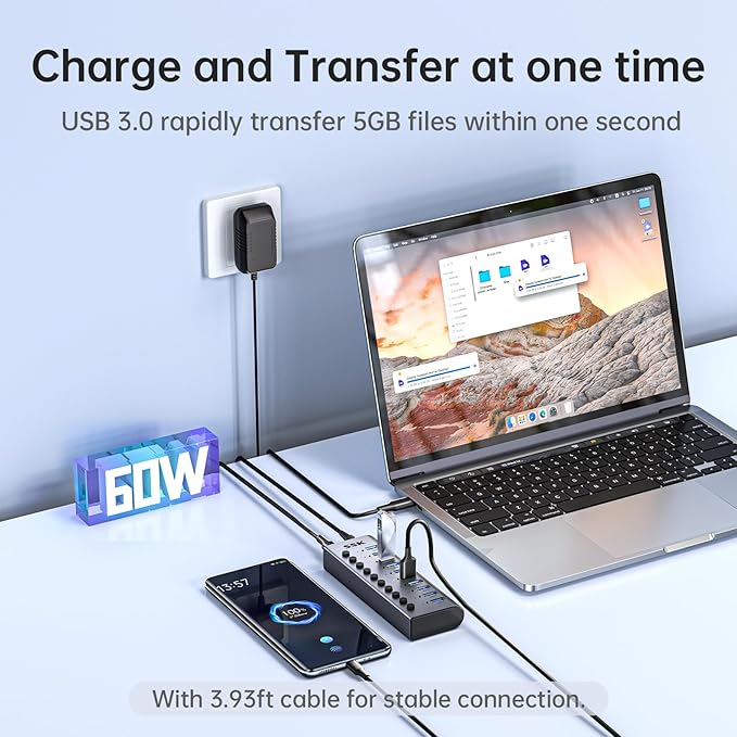 SSK 10 Port Powered USB 3.0 Hub, 60W Aluminium USB Charging Hub with DC 12V5A Power Adapter, Supports Simultaneous Fast Charge and 5Gbps Data Transmission,USB Extender Hub with 3.96ft/1.2m Long Cable
