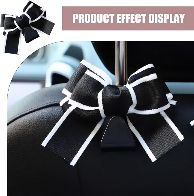 2 Pack Car Seat Headrest Hooks, Cute Bow Design Backseat Hook Storage Organizer for Purses, Handbags, Coats, Umbrellas, Cute Car Accessories for Women and Girls (Black & White)