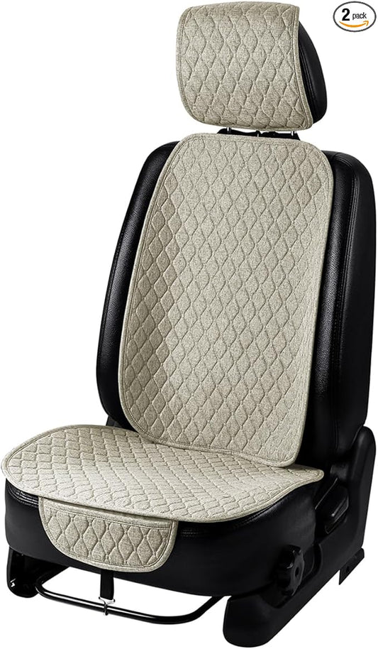 1 Pack Linen Car Seat Cover Front Seat Covers Soft & Breathable Front Premium Covers with Non-Slip Protector Universal Fits Most Automotive, Vans, SUVs, Trucks (1Pack Beige)