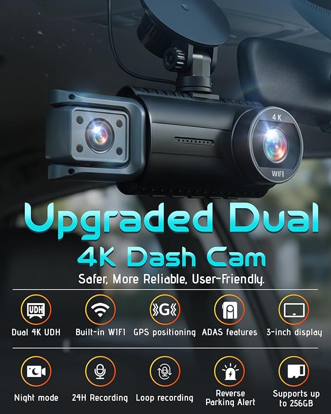 3 Channel Dash Cam Front and Rear, 4K+4K+1080P Car Camera, Free 128GB Card, Built-in GPS, ADAS, 5.8GHz WiFi & APP, Super Night Vision, G-Sensor, Loop Recording, 24H Parking Mode Dash Cam（Black）