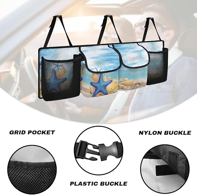 Foldable Car Backseat Trunk Organizer Beach Starfish Conch Collapsible Cargo Bag for SUVs&Sedans Auto Hanging Seat Back Storage