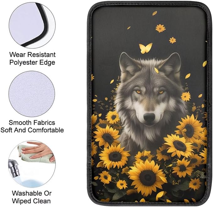 Wolf Sunflower Print Car Center Console Armrest Cover Scratch Proof Neoprene Armrest Cover Pad for Truck Sedan SUV, Universal Car Interior Decor Accessories