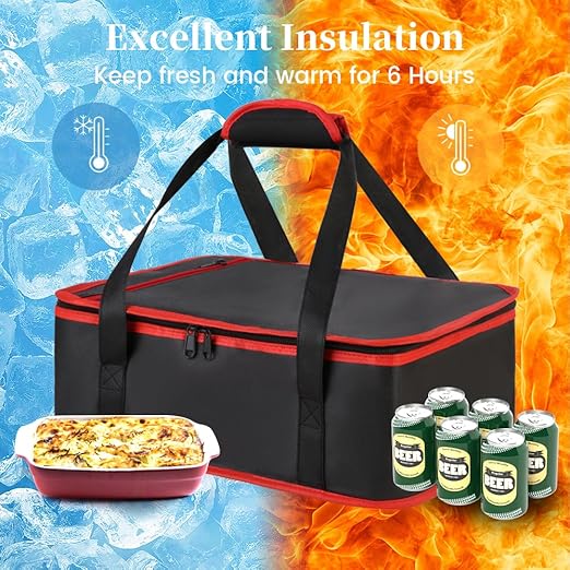 Bodaon Insulated Casserole Carrier for Hot or Cold Food, Fits 9"x13" and 11"x15" Baking Dish with Lid, Insulated Carriers for Transport, Travel Food Warmer Container Bags (Single Decker, Black-Red)