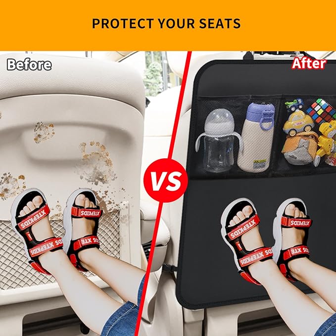 2 Pack Kick Mat Backseat Protector,Back Seat Cover for Kids,Car Seat Back Protectors with 2 Pocket Storage Organizer for Car, SUV, Minivan or Truck Seats (Black)