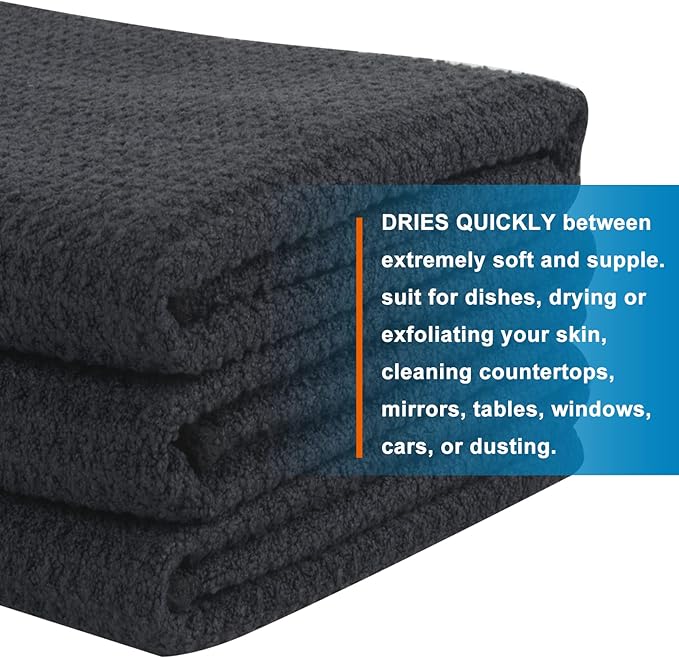 VIVOTE Microfiber Kitchen Dish Towels Waffle Weave Super Soft & Absorbent Tea Towels, Dish Cloths for Kitchen 3 Pack Black 16 x 22 Inch