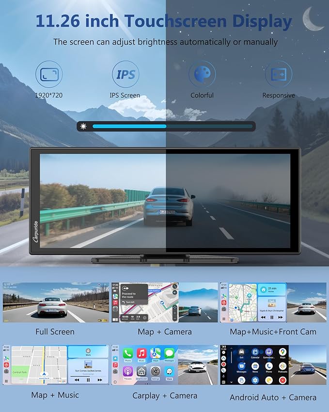 Carpuride Carplay Screen for Car with 4K Front Cam 11.26" Portable Car Play Touchscreen Wireless Carplay & Android Auto, Loop Recording, Voice Control, GPS Navigation, Mirror Link, No Backup Camera