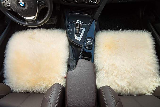 Winter Warmth: Universal Sheepskin Seat Cushion Cover - Natural Wool, for Cars, Trucks, SUVs & Vans - Cozy & Stylish Driving Companion Front Beige Yellow