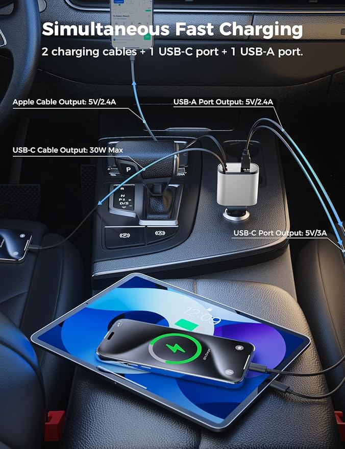 SUPERONE 【Upgraded】 Retractable Car Charger 4 in 1, Fast Car Phone Charger with Cord 2.6ft, USB C and Apple Car Charger Adapter, Compatible with iPhone 17/16/15/15 Pro Max/14/13/12/11, Galaxy, Pixel