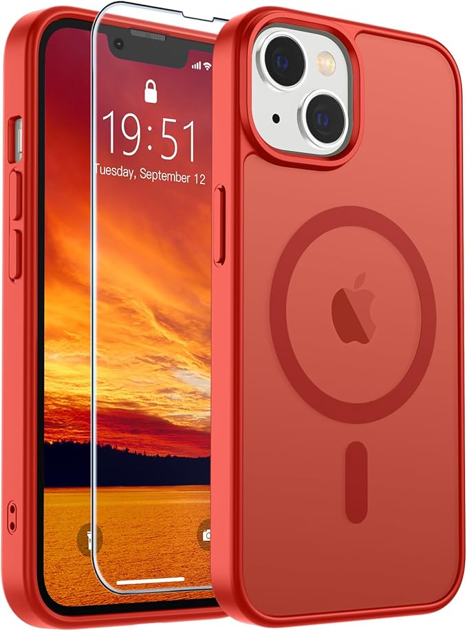 SUPFINE Magnetic for iPhone 14 Case & iPhone 13 Case (Compatible with MagSafe)(Military Grade Drop Protection) Slim Translucent Matte Shockproof Phone Cover,Red
