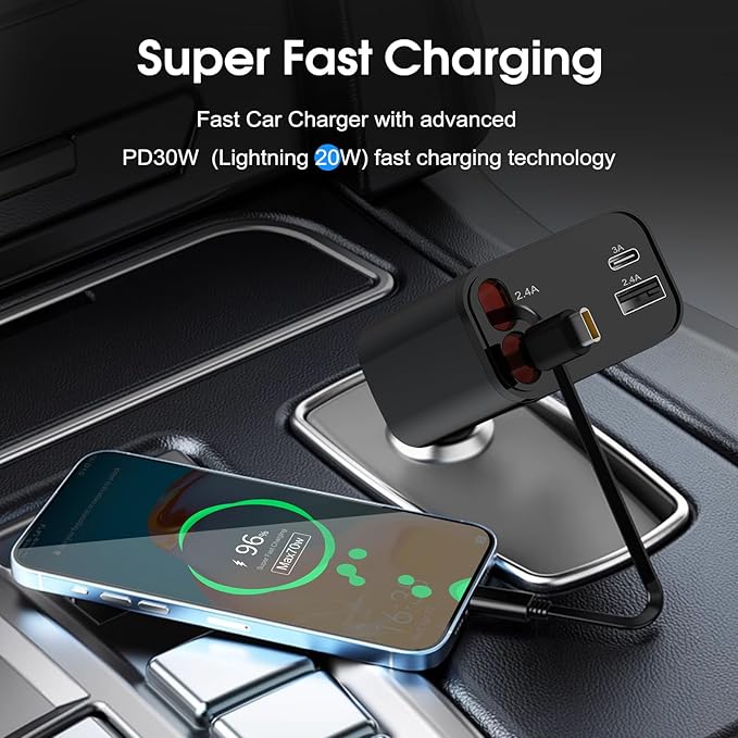 Retractable 70W 4 in 1 Car Charger with Retractable Cord, Fast Car Phone Charger Adapter Compatible with iPhone 16/15/14/13/12/11, Pixel, Samsung, USB C, Type C, Black (2024)