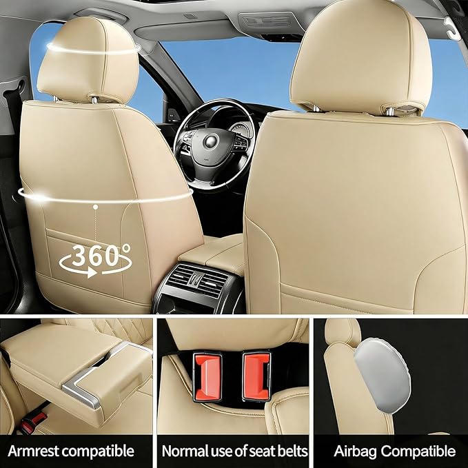 Fit TL Car Seat Covers for Acura TL 2004-2014 - Premium Leather, Waterproof, All-Weather, Airbag Compatible, Anti-Slip, Breathable, Easy Install, Seat Protectors, Full Set, Beige