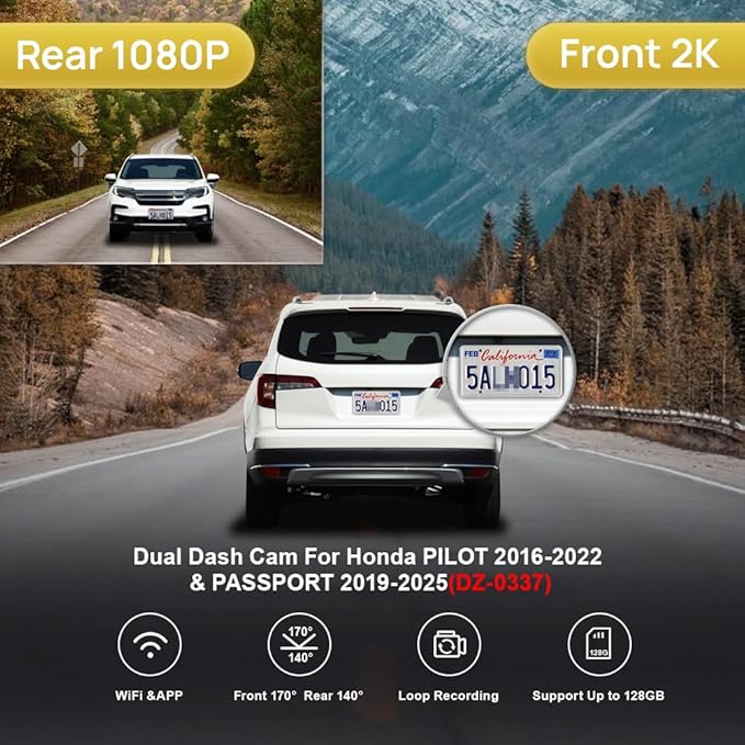 Fitcamx 2K Dual Dash Cam for 2016-2022 Honda Pilot & Passport 2019-2025 Touring EX LX Elite Sport EXL (DZ-0337), OEM Look, Front 1440P+Rear 1080P Video, WiFi APP, Loop Recording G-Sensor, 64GB Card