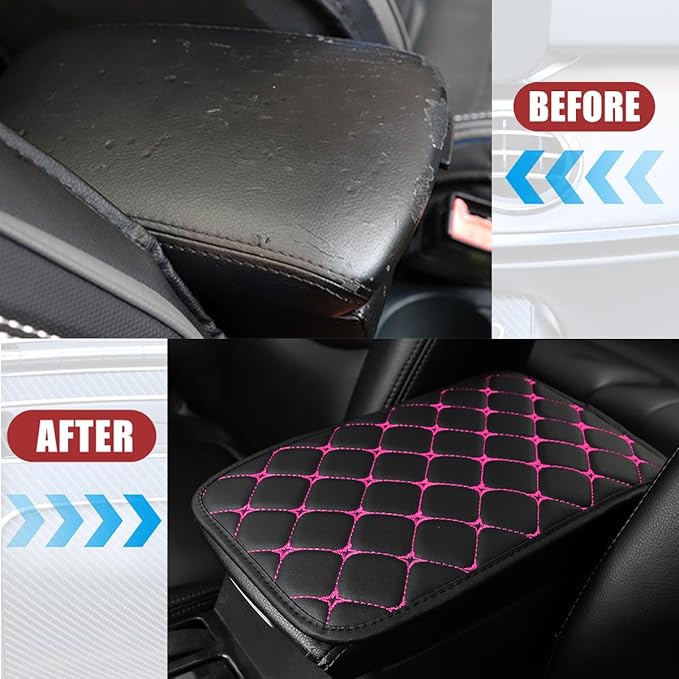 Car Center Console Cushion Pad, PU Leather Vehicle Armrest Cover Protector, Anti-Scratch Automotive Interior Arm Rest Seat Box Mat Accessories, Universal for SUV Sedan Truck (Black/Rose Red)
