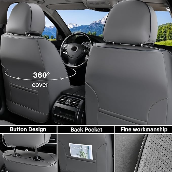 Coverado Universal Seat Covers Front, 2-Pack Waterproof Seat Covers for Cars, Universal Nappa Leather Car Seat Covers with Head Pillow, Auto Protectors Fit for Most Sedans SUV Pick-up Truck-Gray