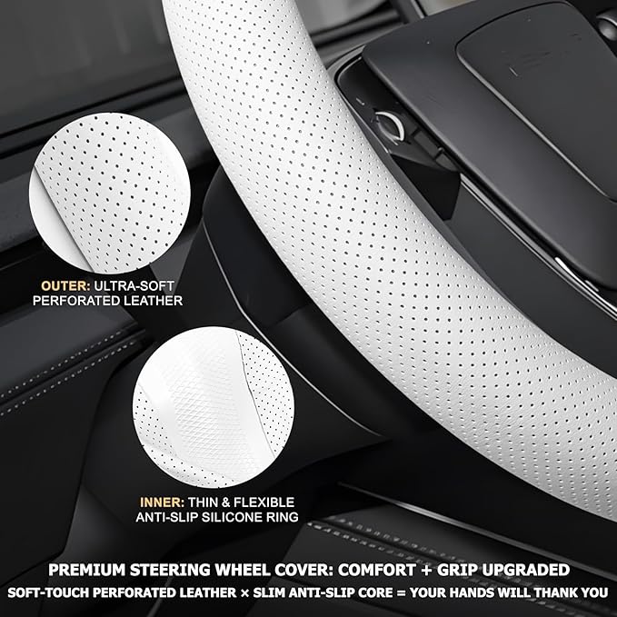 Microfiber Leather Universal 14.5-15 inch Steering Wheel Cover,Easy to Install Non-Slip Breathable Steering Wheel Protector White