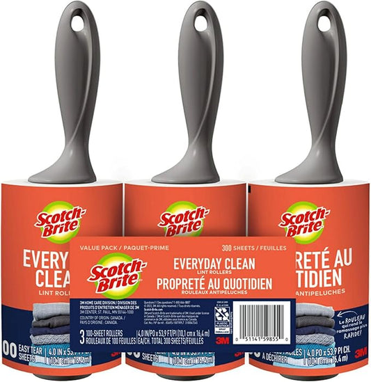 Scotch-Brite Everyday Clean Lint Roller, White, Manual Operation, 3 Pack, Lint Remover for Pet Hair, Dark Clothes, Furniture, and Dusty Surfaces, 300 Adhesive Sheets Total