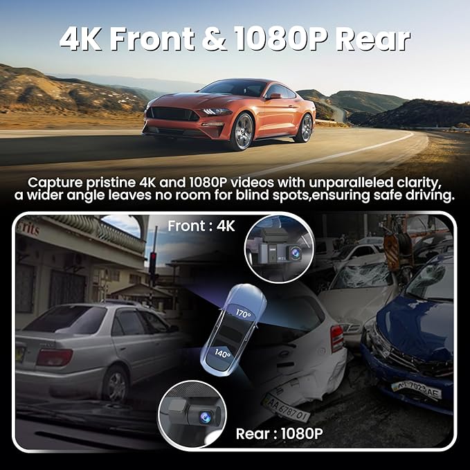 Dashcam Front and Rear Camera,TVFEA Dash cam 4K,Dual Dash Camera for Cars with Wi-Fi,3.18" LCD Screen,64GB Card,APP Control,Night Vision,WDR,Metal Shell,24H Parking Mode,G-Sensor,Loop Record