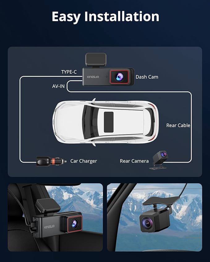 Kingslim 4K Dash Cam Front and Rear, Front 4K Rear 1080P Dual Dash Camera for Cars, Mini Dashcam with 64GB Card, APP Control, Night Vision, G-Sensor, Loop Recording, Parking Mode